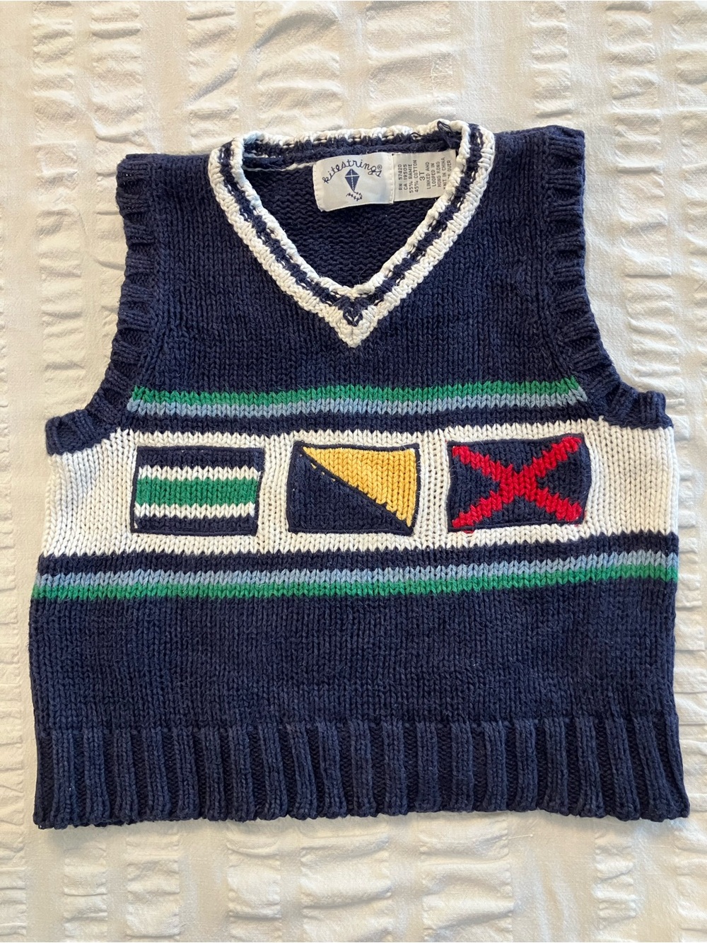 Kitestrings Navy Knit V-Neck Sweater Vest with Multicolor Flag Blocks